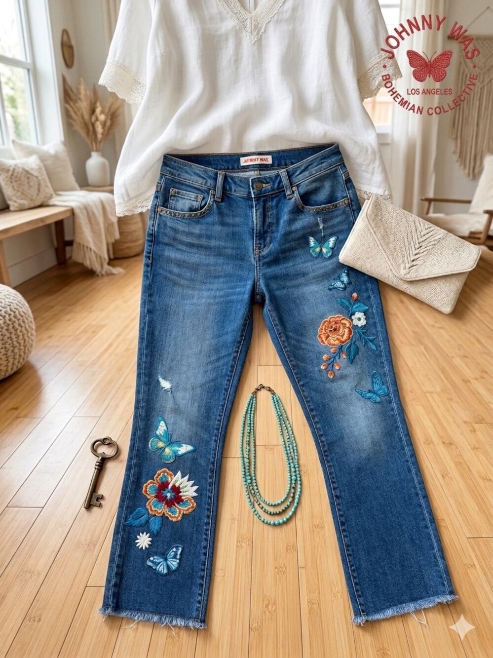 Johnny Was Taymia Embroidered Cropped Baby Boot Jeans NWT